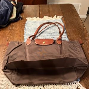 Longchamp LePliage nylon tote with leather trim khaki brown